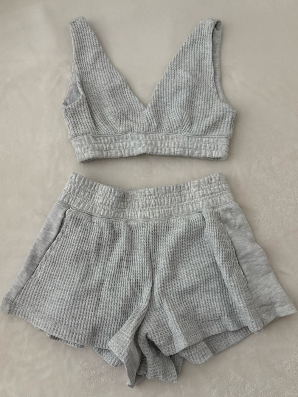 Light Grey Waffle Knit Two-Piece Pajama Lounge Set - Bra Top & Shorts